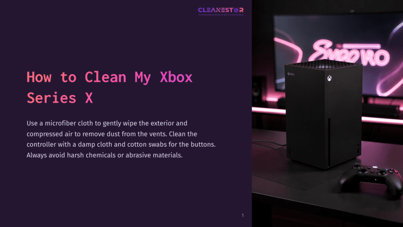 1 How To Clean My Xbox Series X A Black Xbox Series X Console On A Dark Surface, With A Controller Beside It; Background Features Soft Pink Lighting And Tech Decor.