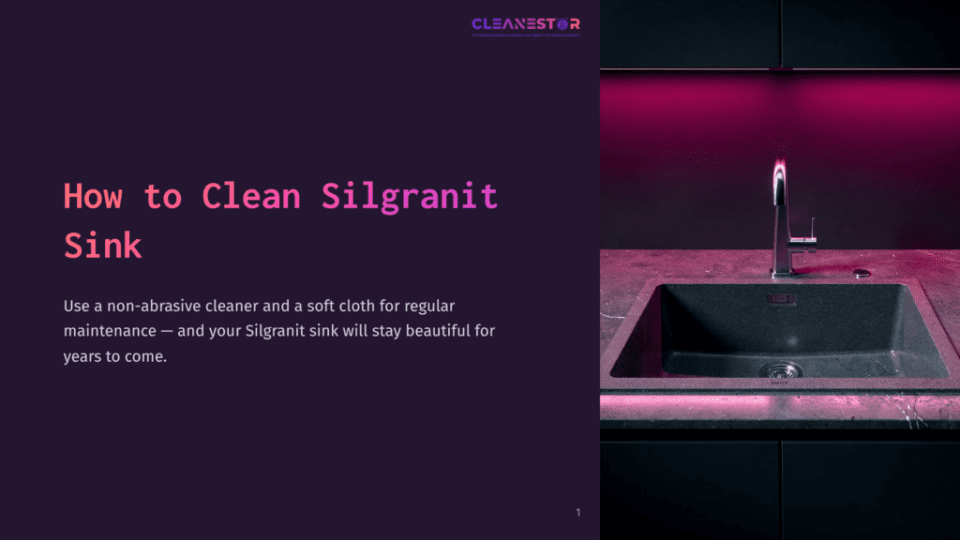 1 How To Clean Silgranit Sink A Dark Grey Silgranit Kitchen Sink With A Modern Faucet Is Shown In A Sleek, Contemporary Kitchen With Purple Under-Cabinet Lighting. The Text &Quot;How To Clean Silgranit Sink&Quot; Is Displayed Prominently On The Left.