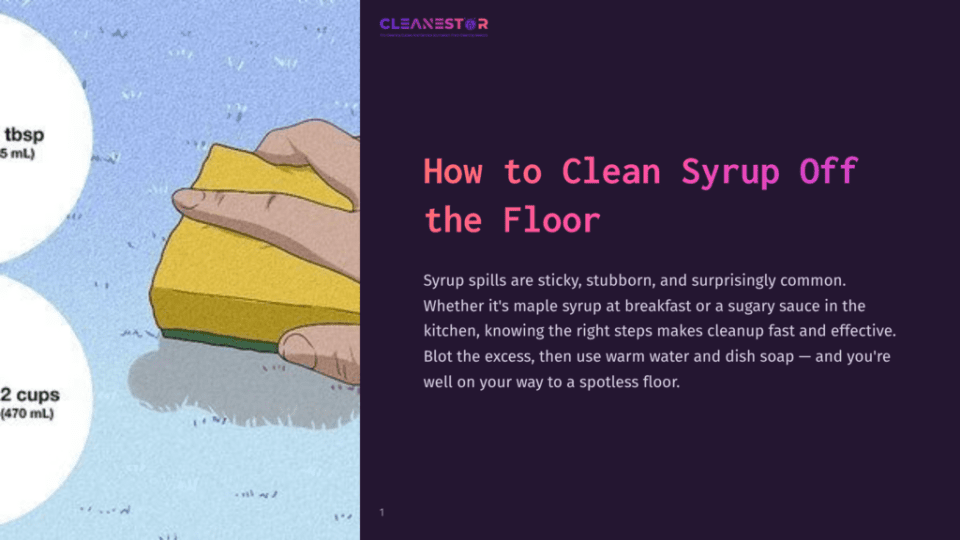 1 How To Clean Syrup Off The Floor A Hand Holding A Yellow Sponge Cleans A Sticky Syrup Spill Off A Floor. Text Overlay Reads: &Quot;How To Clean Syrup Off The Floor.