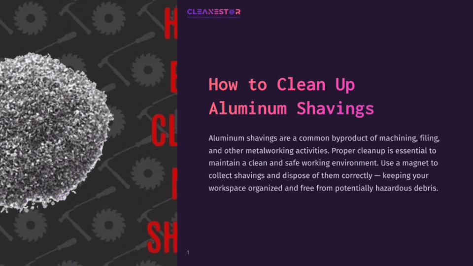 1 How To Clean Up Aluminum Shavings Close-Up Of A Pile Of Aluminum Shavings With A Dark, Textured Background Featuring Saw Blade Graphics. Overlay Text Reads &Quot;Cleanestor&Quot; And &Quot;How To Clean Up Aluminum Shavings&Quot;.