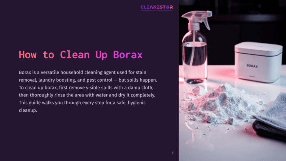 1 How To Clean Up Borax A Pile Of White Borax Powder Is On A White Surface Next To A Gray Cloth, A Spray Bottle, And A White Borax Container. The Text &Quot;How To Clean Up Borax&Quot; Is On The Left.