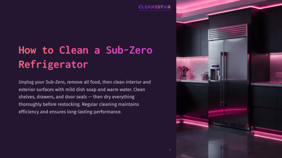 1 How To Clean A Sub Zero Refrigerator Modern Sub-Zero Refrigerator In A Sleek, Dark Kitchen With Vibrant Pink Led Lighting Accentuating The Cabinetry And Appliances. The Text &Quot;Cleanestor&Quot; Is Visible At The Top.