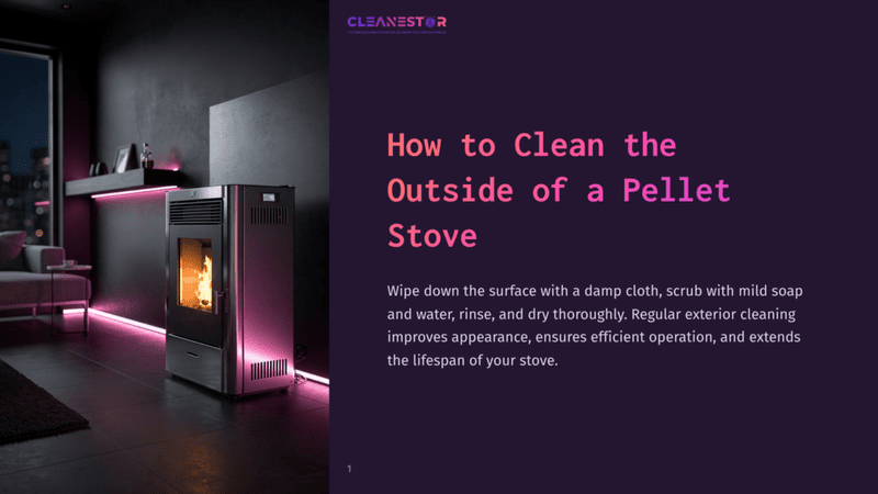 1 How To Clean The Outside Of A Pellet Stove A Modern Pellet Stove Glows With A Warm Fire Inside, Illuminated By Pink Led Lighting In A Dimly Lit, Contemporary Living Room. The Text &Quot;How To Clean The Outside Of A Pellet Stove&Quot; Is Prominently Displayed.