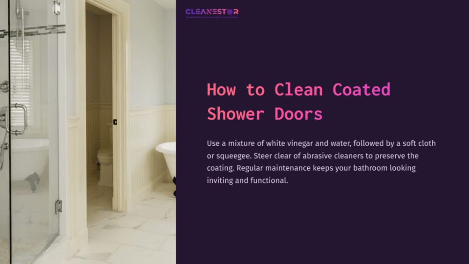 1 How To Clean Coated Shower Doors Bright Bathroom With Glass Shower Doors; White Walls And Tiled Floor. Instructions On Cleaning Coated Shower Doors Are Displayed.
