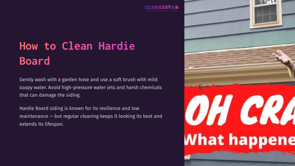 1 How To Clean Hardie Board A Blue Hardie Board Siding With A Red Sign That Says &Quot;Oh Crap! What Happened?&Quot; On A Contrasting Purple Background.