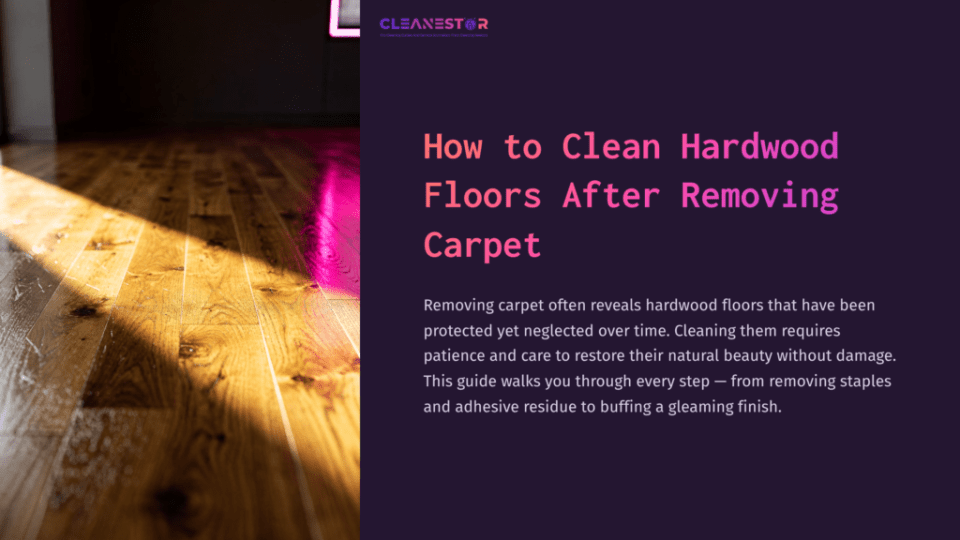 1 How To Clean Hardwood Floors After Removing Carpet Sunlight Streams Across Polished Hardwood Floors, Highlighting Their Natural Grain And Warm Tones, With A Purple-Tinted Text Overlay.
