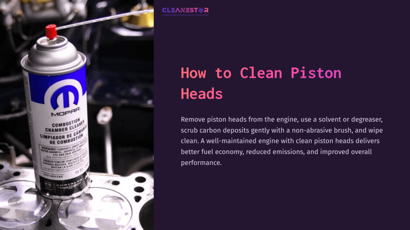 1 How To Clean Piston Heads Spray Can For Cleaning Piston Heads Beside A Silver Engine Part, With Purple Background And White Text Outlining The Cleaning Process.