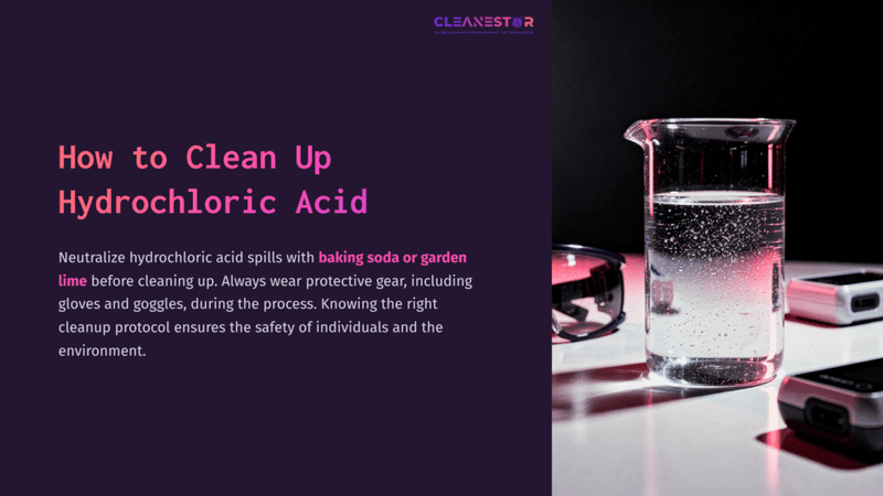 1 How To Clean Up Hydrochloric Acid Clear Glass Beaker Filled With Water, Surrounded By Gloves And Goggles, On A Dark Purple Background With White Text.