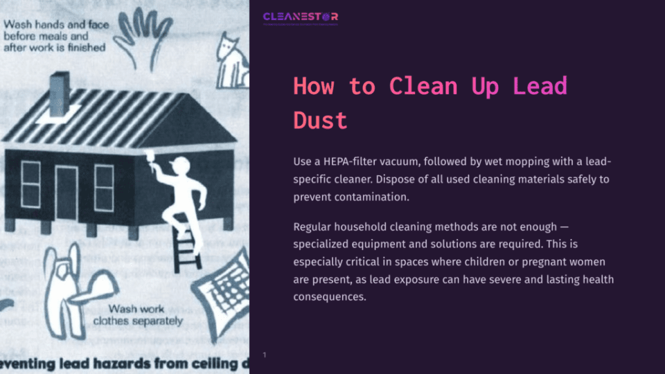 1 How To Clean Up Lead Dust Illustration Of A House With A Person Cleaning The Ceiling, Ladder, And Vacuum, Emphasizing Safe Lead Dust Cleanup Methods.