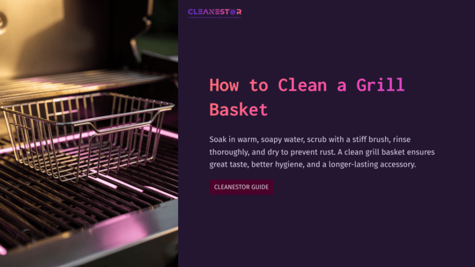 1 How To Clean A Grill Basket Grill Basket On A Grill'S Grates, With A Shiny Metallic Finish, Set Against A Warm, Glowing Background. Title And Cleaning Tips Displayed.