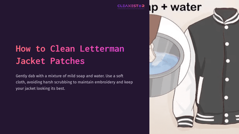 1 How To Clean Letterman Jacket Patches A Bowl Of Soapy Water Beside A Hand Gently Cleaning A Letterman Jacket Patch, With Instructions On Care Displayed Prominently.