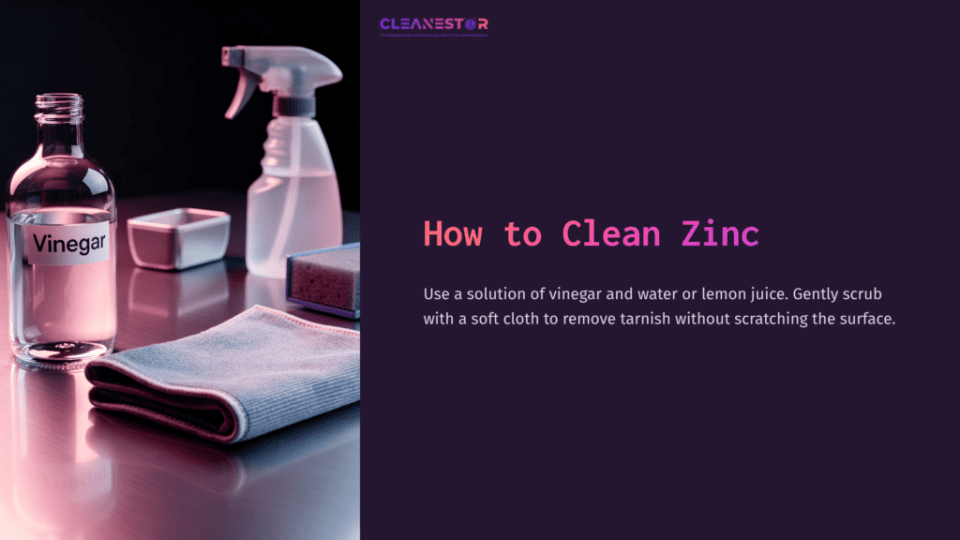 1 How To Clean Zinc Clear Glass Bottle Labeled &Quot;Vinegar,&Quot; Accompanied By A Spray Bottle, Cloth, Sponge, And Container On A Sleek Surface, With A Dark Background.