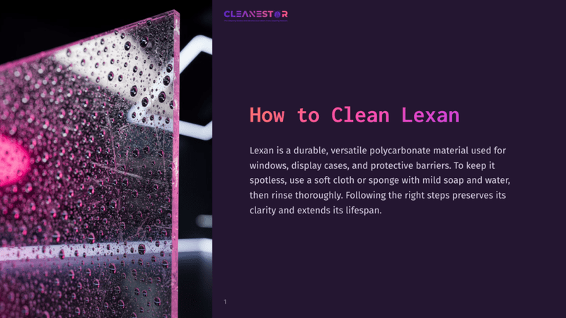 1 How To Clean Lexan A Close-Up Of A Wet, Transparent Lexan Sheet With Droplets, Set Against A Dark Purple Background With Geometric Shapes.