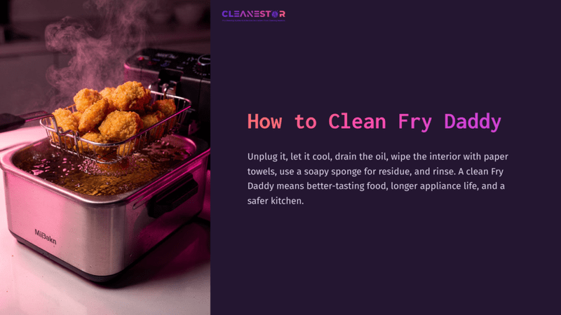 1 How To Clean Fry Daddy A Basket Of Golden Fried Food Sits In A Silver Fry Daddy Appliance With Bubbling Oil, Next To A Black Control Panel On A Purple Background.