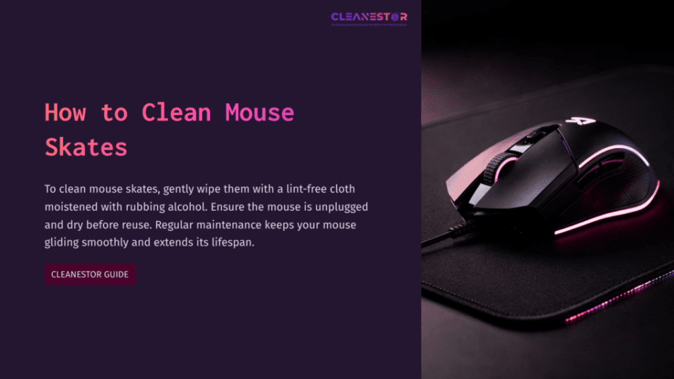 1 How To Clean Mouse Skates A Gaming Mouse On A Dark Mouse Pad, Highlighted By Pink Led Lights, With A Title And Cleaning Instructions In Contrasting Text.