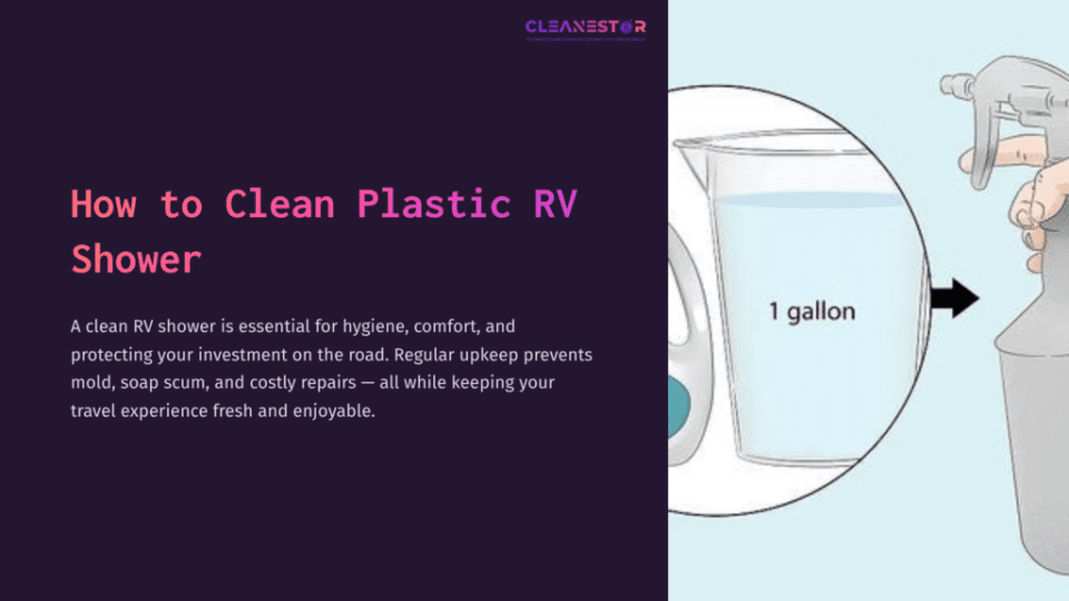 1 How To Clean Plastic Rv Shower Graphic Featuring A Clear, Labeled Container Showing A Gallon Of Liquid, With A Purple Background And Text On Cleaning Rv Showers.