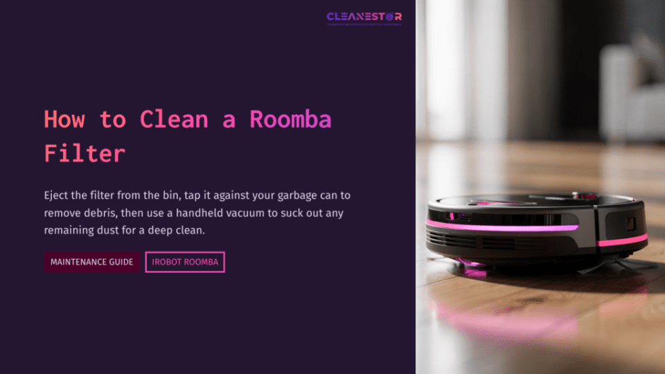 1 How To Clean A Roomba Filter A Dark-Themed Guide Featuring A Sleek Roomba Vacuum With Pink Accents, Next To Text On Cleaning Its Filter, Set In A Modern Interior.