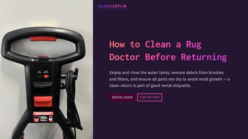 Rug Doctor Cleaning Machine With A Black Handle, Featured Against A Purple Background, Alongside Cleaning Instructions And Tips.