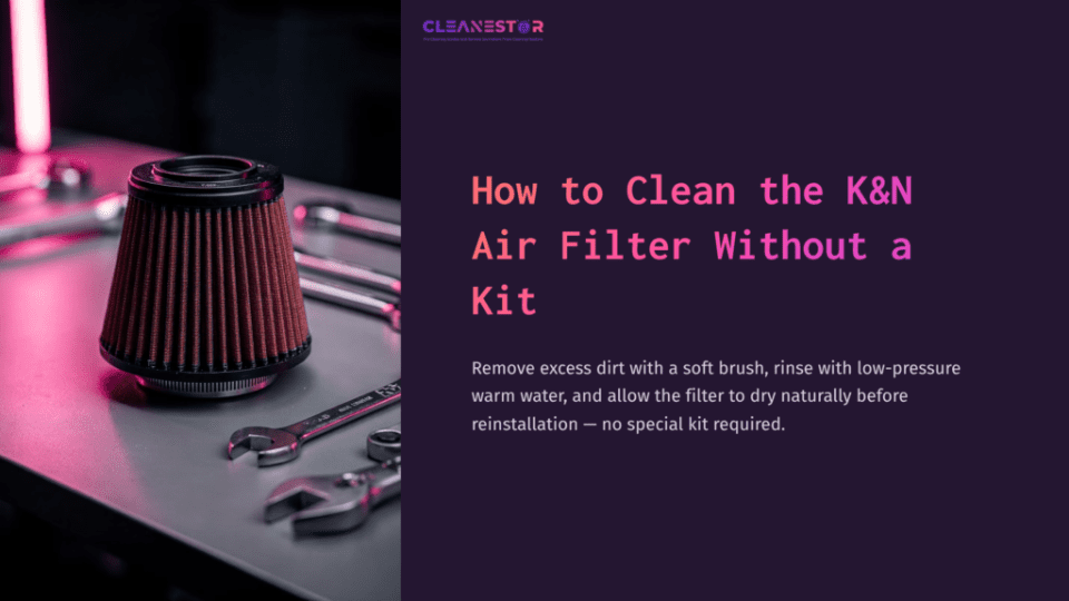 K&Amp;N Air Filter On A Workbench With Tools Nearby, Featuring A Dark Background And Pink Accents, Highlighting Maintenance Instructions.