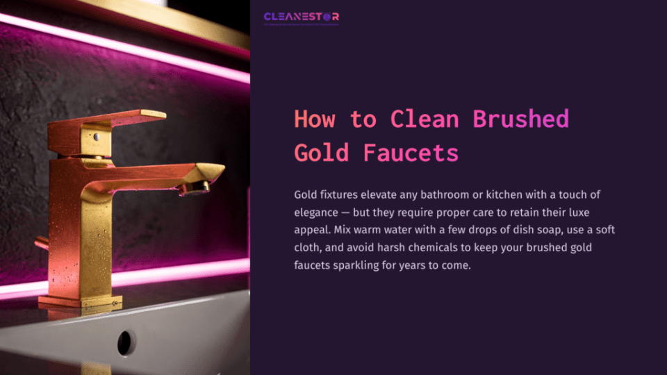 1 How To Clean Brushed Gold Faucets Brushed Gold Faucet With A Modern Design Set Against A Dark Background, Illuminated By Pink Led Lighting.