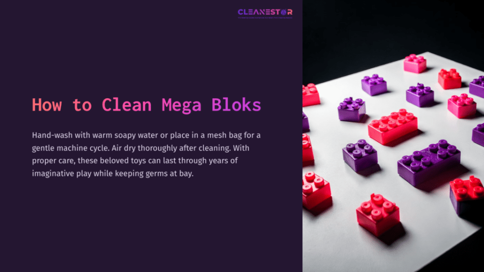 1 How To Clean Mega Bloks 1 Colorful Mega Bloks In Shades Of Pink, Purple, And Red Arranged On A Light Surface, Accompanied By Cleaning Instructions On The Left.