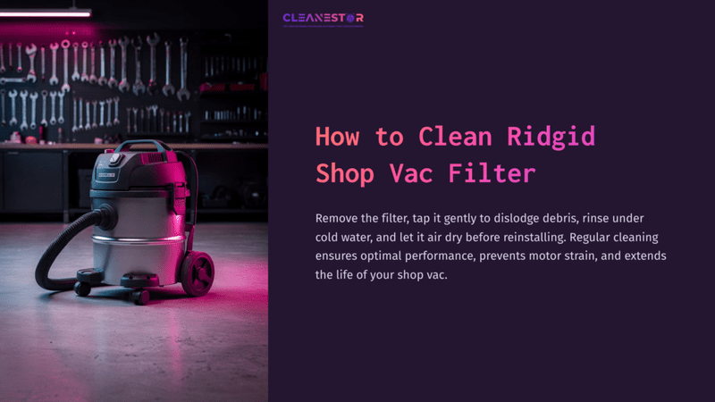 1 How To Clean Ridgid Shop Vac Filter A Ridgid Shop Vacuum Is Shown In A Dimly Lit Workshop, Surrounded By Tools, With Pink And Purple Lighting Enhancing The Scene.