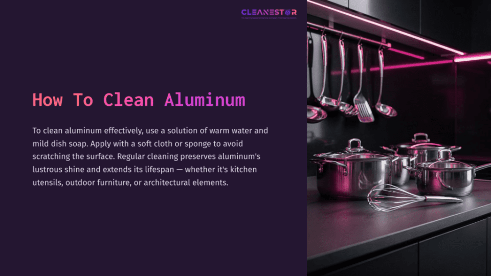 1 How To Clean Aluminum 1 Bright Background With Pink Lighting Highlights Metallic Pots And Pans Hanging From A Rack, Alongside Cleaning Tips For Aluminum.