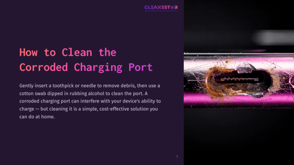 A Close-Up Of A Corroded Charging Port On A Device, With Visible Rust And Debris, Set Against A Dark Purple Background.