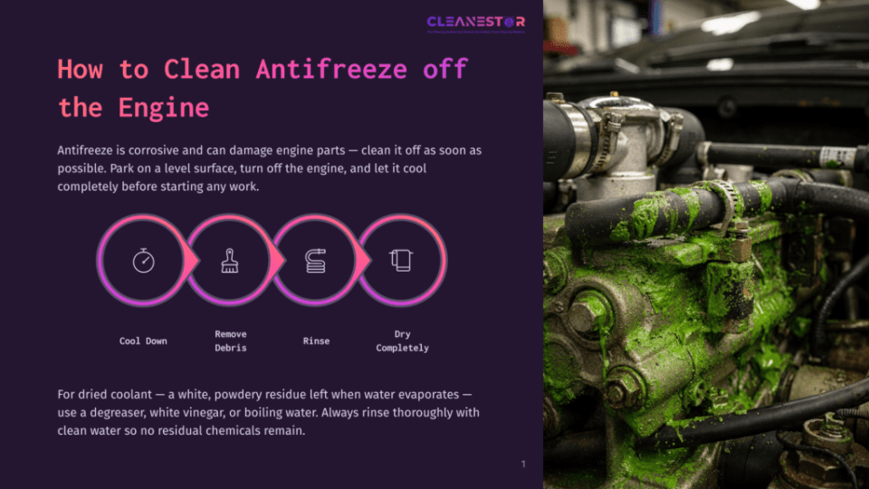 1 How To Clean Antifreeze Off The Engine Close-Up Of A Dirty, Green Engine With Visible Antifreeze Residue And Hose Clamps. Text Overlay Reads &Quot;Cleanestor&Quot; And &Quot;How To Clean Antifreeze Off The Engine&Quot;.