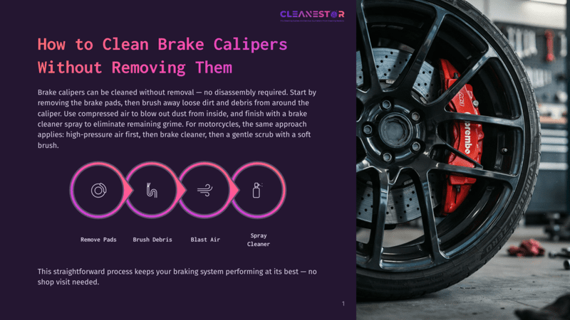 1 How To Clean Brake Calipers Without Removing Them Close-Up Of A Red Brembo Brake Caliper On A Black Custom Car Wheel, With Part Of A Garage Visible In The Background. Text Overlay: &Quot;Cleanestor How To Clean Brake Calipers Without Removing Them&Quot;.