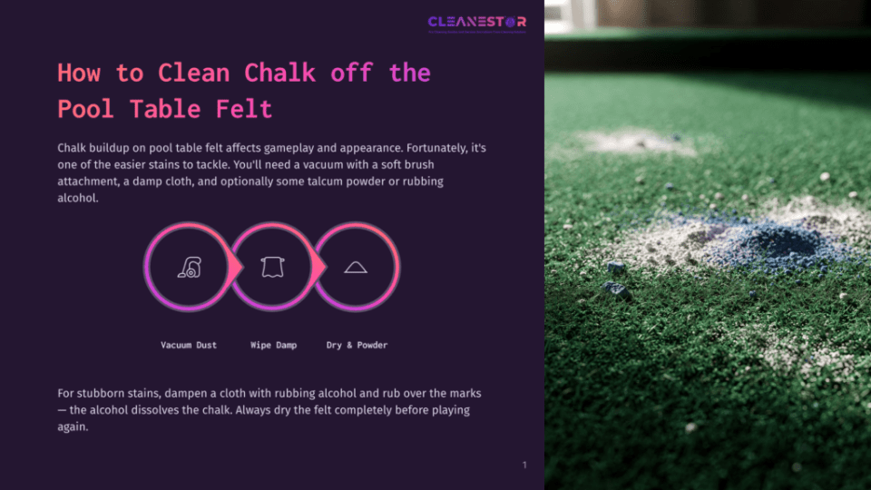 1 How To Clean Chalk Off The Pool Table Felt Close-Up Of A Green Pool Table Felt With Chalk Dust And White Marks, Suggesting It Needs Cleaning. The Image Is Part Of A Guide On How To Clean Chalk Off Pool Table Felt.