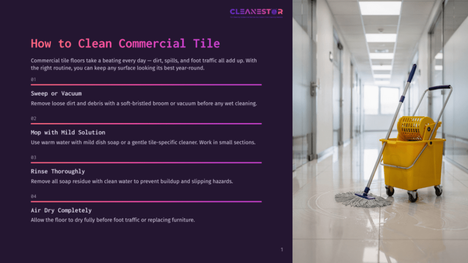 1 How To Clean Commercial Tile A Commercial Hallway With Polished Tile Floors And A Yellow Mop Bucket Cart, Featuring Text On The Left About &Quot;How To Clean Commercial Tile&Quot; With Steps Like &Quot;Sweep Or Vacuum&Quot; And &Quot;Mop With Mild Solution.