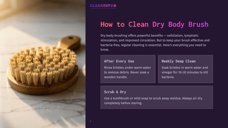 1 How To Clean Dry Body Brush A Natural Bristle Dry Body Brush With A Wooden Handle Rests On A Marble Surface, Bathed In Soft Sunlight. Text Overlay Reads &Quot;Cleanestor How To Clean Dry Body Brush&Quot;.