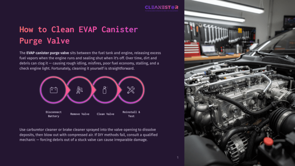 1 How To Clean Evap Canister Purge Valve Diagram Illustrating How To Clean An Evap Canister Purge Valve, Showing Steps: Disconnect Battery, Remove Valve, Clean Valve, And Reinstall. Text Reads: &Quot;How To Clean Evap Canister Purge Valve&Quot; And &Quot;Cleanestor&Quot;.