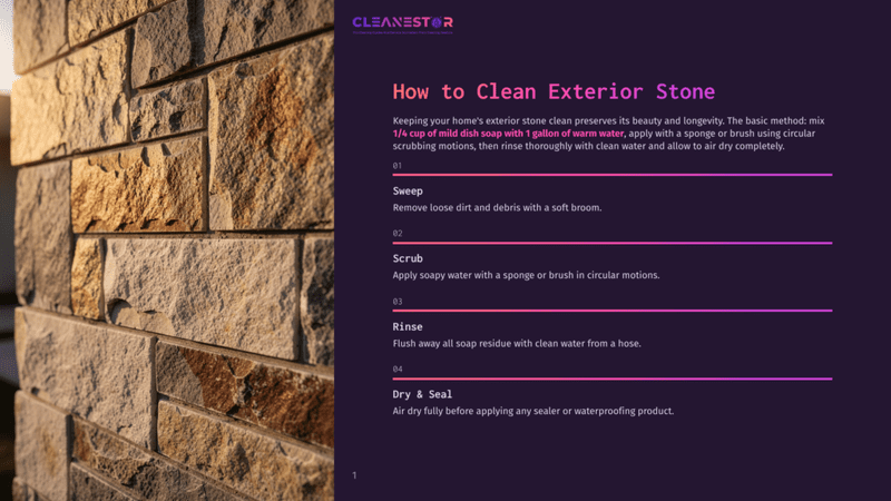 1 How To Clean Exterior Stone Close-Up Textured Wall Of Stacked Stones In Earthy Brown And Tan Tones, Illuminated By Warm, Golden Sunlight. Text Overlay: &Quot;How To Clean Exterior Stone.