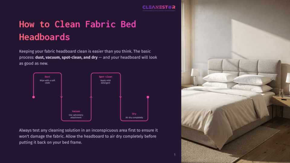 1 How To Clean Fabric Bed Headboards Diagram Illustrating How To Clean Fabric Headboards: Dust, Spot-Clean, And Vacuum. The Image Also Shows A Neatly Made Bed With A Light Beige Headboard And Pillows.