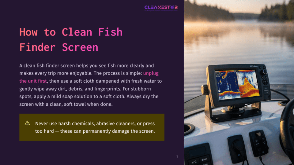 1 How To Clean Fish Finder Screen A Fish Finder Screen Displaying Sonar Data Sits Mounted On A Boat Dashboard, With The Text &Quot;How To Clean Fish Finder Screen&Quot; Overlaid On The Image.