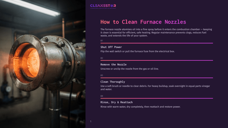 1 How To Clean Furnace Nozzles Close-Up Of A Glowing Orange Furnace Nozzle, Part Of A Industrial Heating System, With Text Overlay &Quot;How To Clean Furnace Nozzles&Quot; And Numbered Steps.