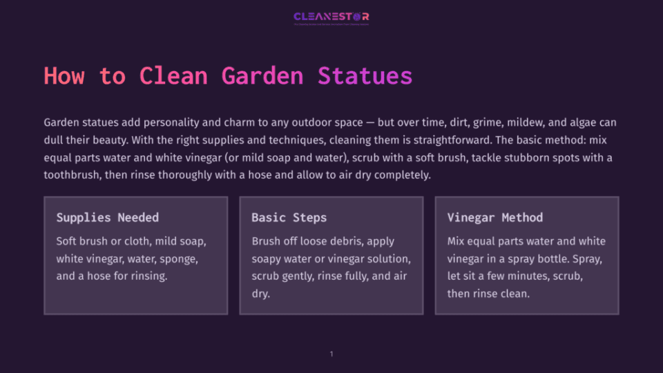 1 How To Clean Garden Statues A Graphic Titled &Quot;How To Clean Garden Statues&Quot; With Instructions On Using A Basic Method Of Equal Parts Water And White Vinegar, And A Separate Vinegar Method.