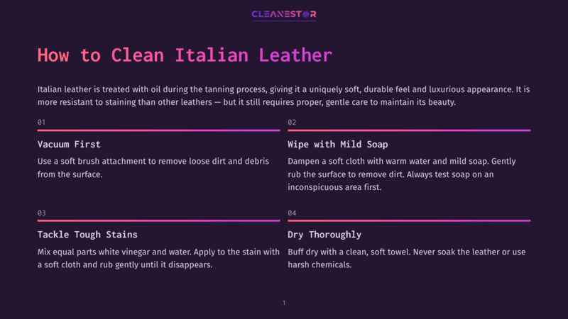 1 How To Clean Italian Leather Infographic Titled &Quot;How To Clean Italian Leather&Quot; Detailing Steps: Vacuum First, Wipe With Mild Soap, Tackle Tough Stains, Dry Thoroughly. Features A Clean, Modern Design With Purple And Pink Accents.