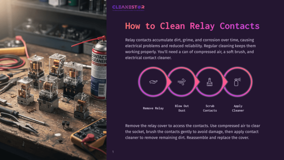 1 How To Clean Relay Contacts A Close-Up Shot Shows Several Electrical Relays On A Wooden Workbench, With A Can Of Electrical Contact Cleaner And Tools In The Foreground. The Image Also Features A Graphic Illustrating The Process Of Cleaning Relay Contacts: Remove Relay, Blow Out Dust, Scrub Contacts, And Apply Cleaner.