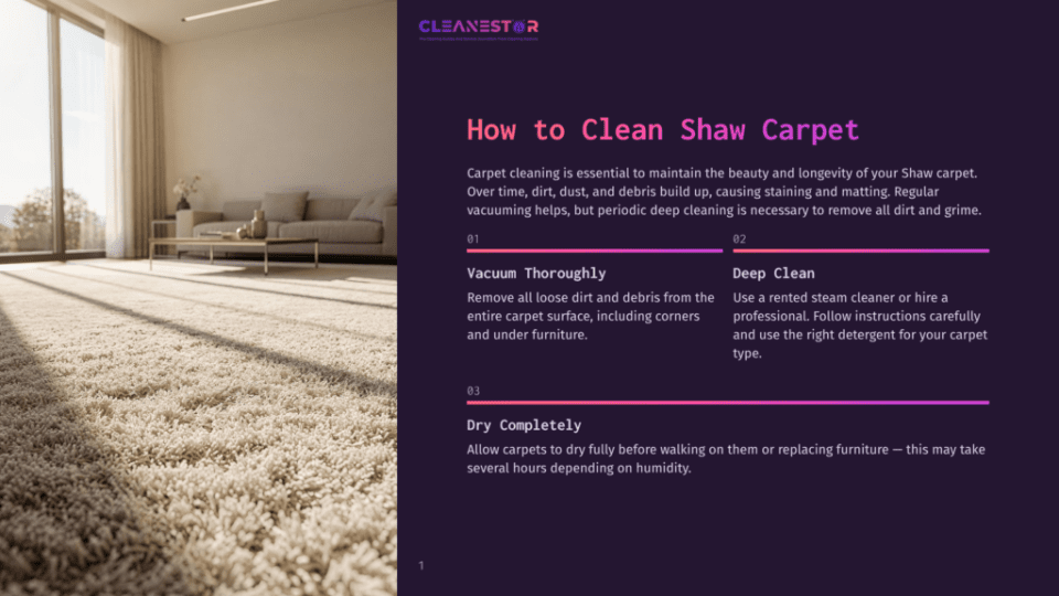 1 How To Clean Shaw Carpet A Plush, Cream-Colored Shag Carpet Fills The Foreground, Leading To A Sunlit Living Room With A Modern Sofa And A Large Window. Text Overlays Guide On How To Clean Shaw Carpet.