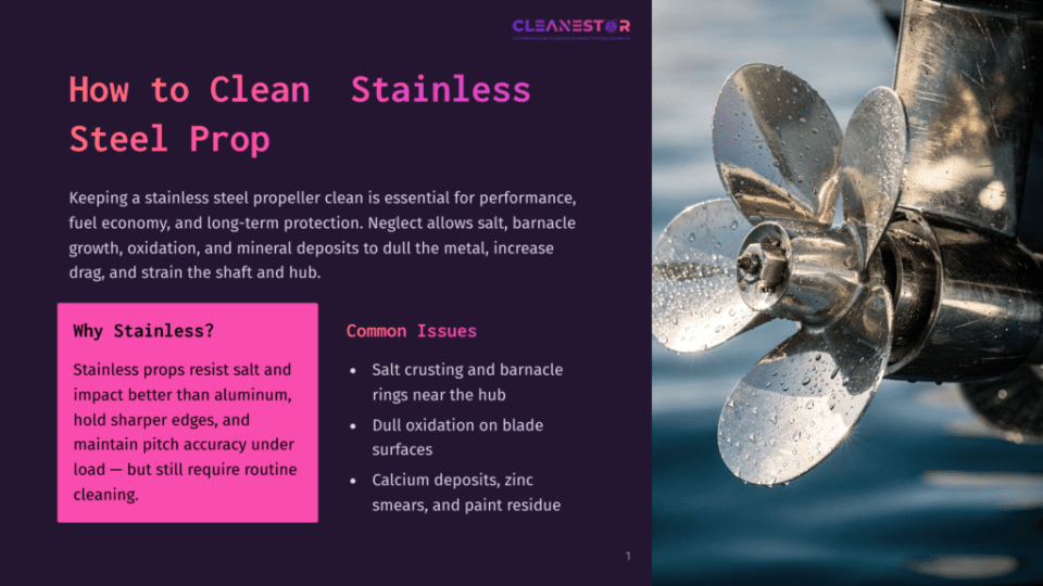 1 How To Clean Stainless Steel Prop Close-Up Of A Shiny, Clean Stainless Steel Boat Propeller With Water Droplets On Its Blades, Submerged In Blue Water. The Image Emphasizes The Importance Of Cleaning Boat Propellers For Performance And Protection.