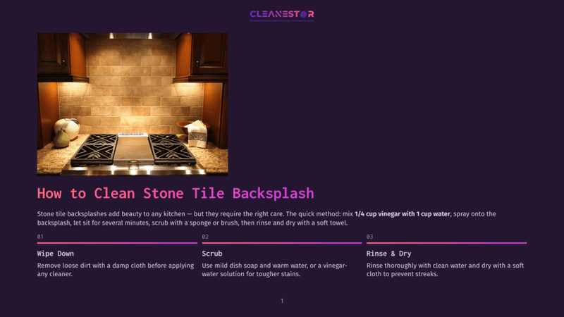 1 How To Clean Stone Tile Backsplash A Clean Stone Tile Backsplash Above A Kitchen Stovetop, With Text Overlay &Quot;How To Clean Stone Tile Backsplash&Quot; And Cleaning Instructions.