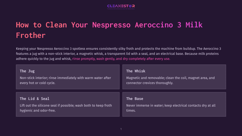 1 How To Clean Your Nespresso Aeroccino 3 Milk Frother Cleanestor Logo And &Quot;How To Clean Your Nespresso Aeroccino 3 Milk Frother&Quot; Title. Below Are Four Sections: The Jug, The Whisk, The Lid &Amp; Seal, And The Base, Detailing Cleaning Instructions For The Nespresso Aeroccino 3 Milk Frother.