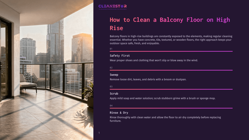 1 How To Clean A Balcony Floor On High Rise A Sunlit Balcony Overlooking A Cityscape At Sunset, With A Glass Railing And A Chair. The Image Is Part Of A Guide On How To Clean A Balcony Floor On High Rise Buildings.