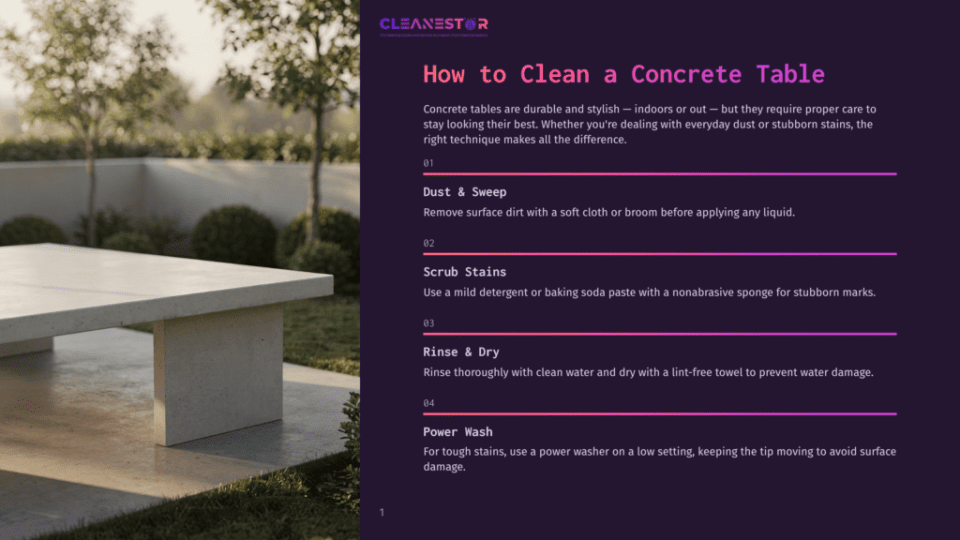 1 How To Clean A Concrete Table A Modern Concrete Table And Bench Sit Outdoors On A Stone Patio, Bathed In Natural Light, With Lush Greenery In The Background.