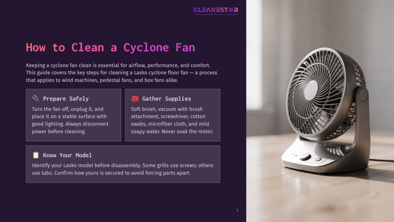 1 How To Clean A Cyclone Fan A Silver Lasko Cyclone Fan Sits On A Wooden Floor, Ready For Cleaning. The Image Is From A Guide On &Quot;How To Clean A Cyclone Fan.