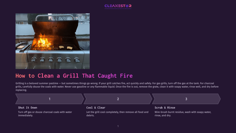 1 How To Clean A Grill That Caught Fire A Large Stainless Steel Gas Grill With Flames Erupting From The Burners, Cooking Burgers. The Grill Is Outdoors On A Patio, With Smoke Rising From The Food.