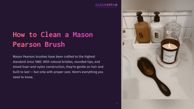 1 How To Clean A Mason Pearson Brush A Dark Mason Pearson Hairbrush With Boar Bristles And Nylon Pins Rests On A White Marble Countertop Next To A Lit &Quot;Cardamom Noir&Quot; Candle And Two Bottles Of Liquid Soap.